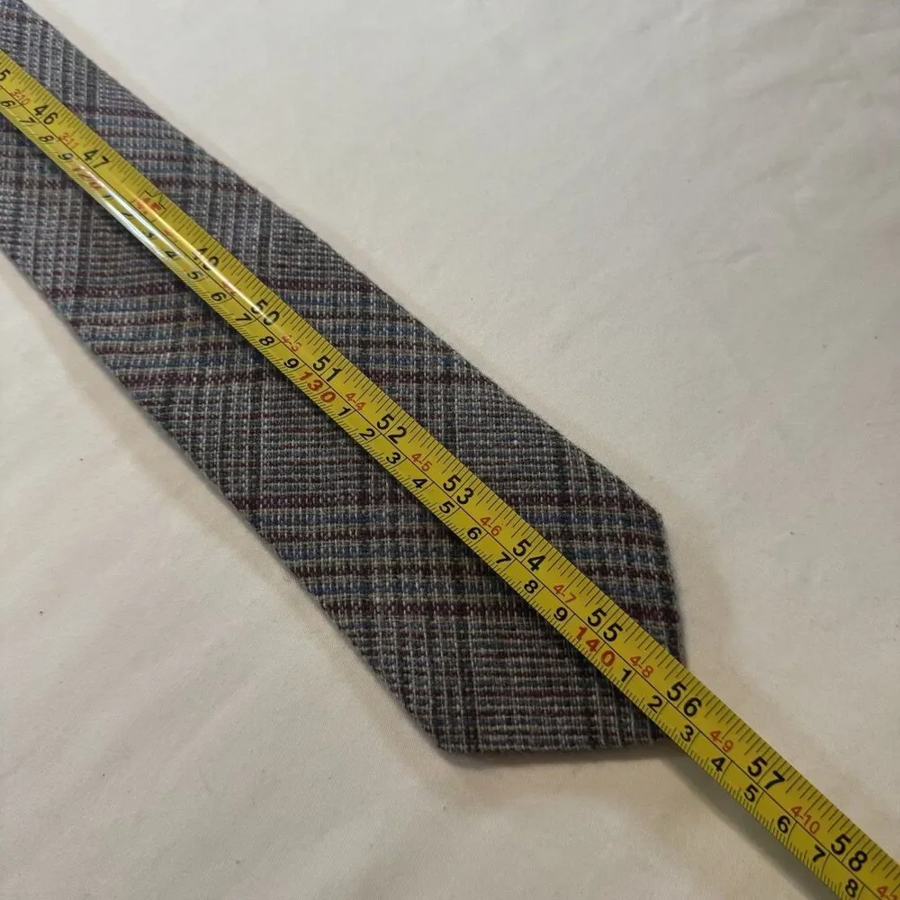 Vintage Austin Reed Regent Street 100% Wool Plaid Tie Gray Burgundy Blue 56”